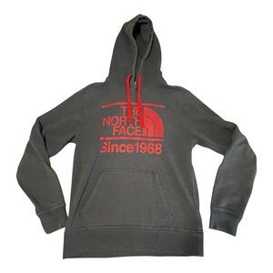 The North Face Hoodie Mens Small Gray Red Cotton Blend Hiking Fleece